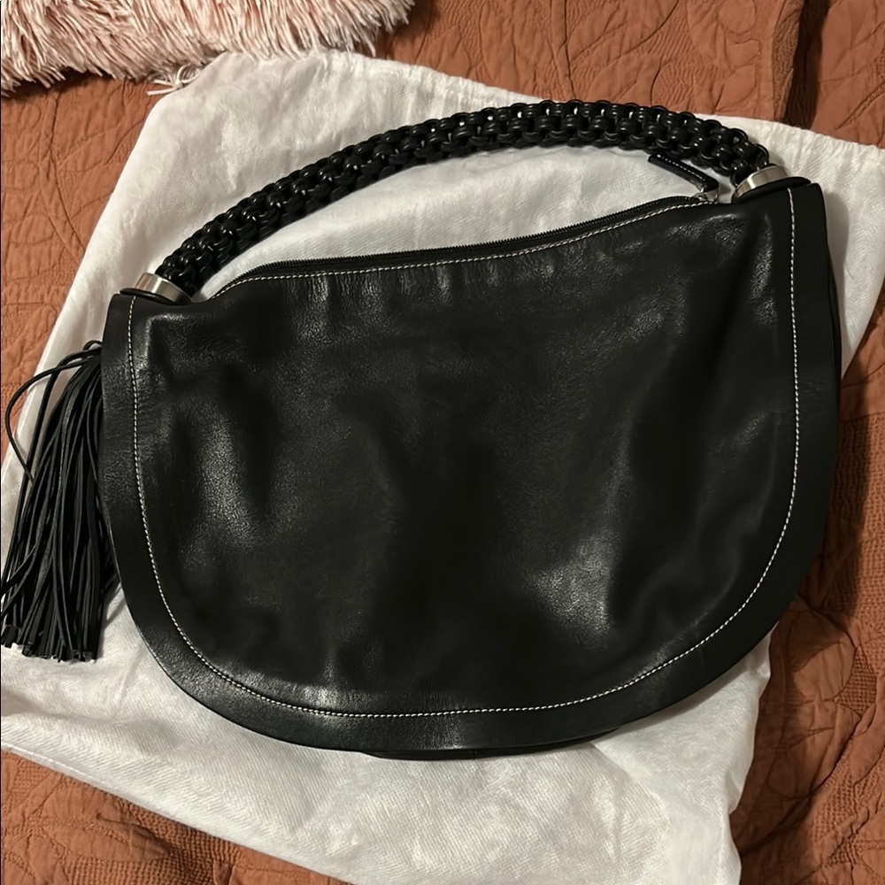 Black Leather Hobo Bag with Braided Handle